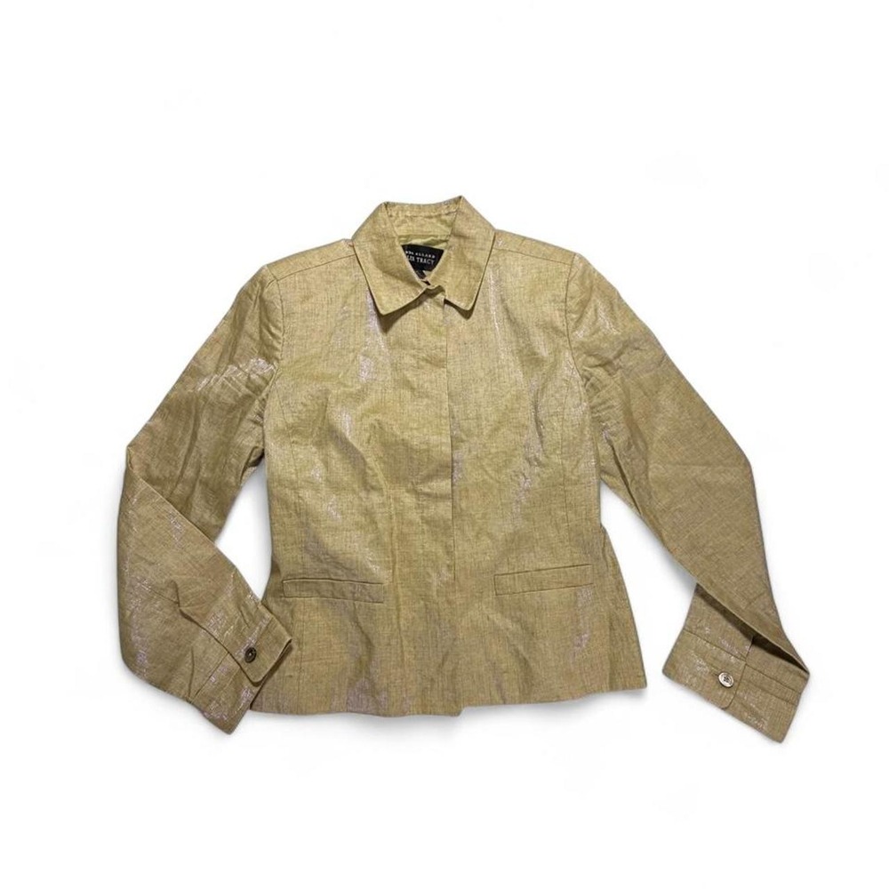 Vintage 90s Linda Allard Ellen Tracy Metallic Linen Blend Blazer Jacket Beige